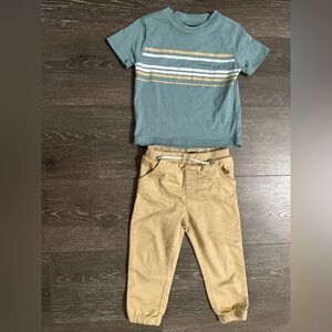 Perry Ellis Teal and Gold Striped Shirt with Khaki Joggers